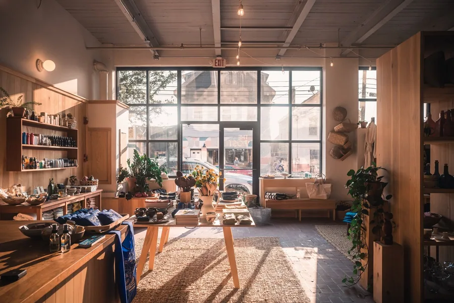 Afternoon light across a shop filled with plants and handmade goods.