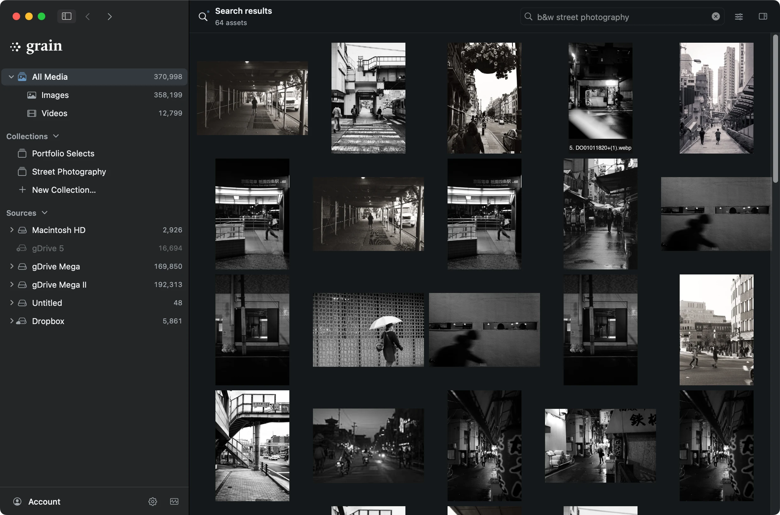 Grain on Mac showing results for b&w street photography, with Collections and Sources expanded and 370,998 assets in All Media.