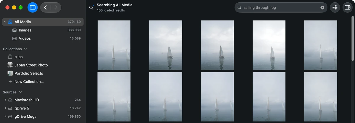 Grain Photo with All Media selected, sailing through fog in the search field, and sailboat photographs in the results