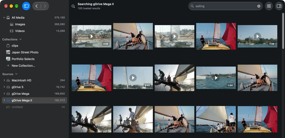 Grain Photo with gDrive Mega II selected in Sources and sailing photos and videos displayed as search results