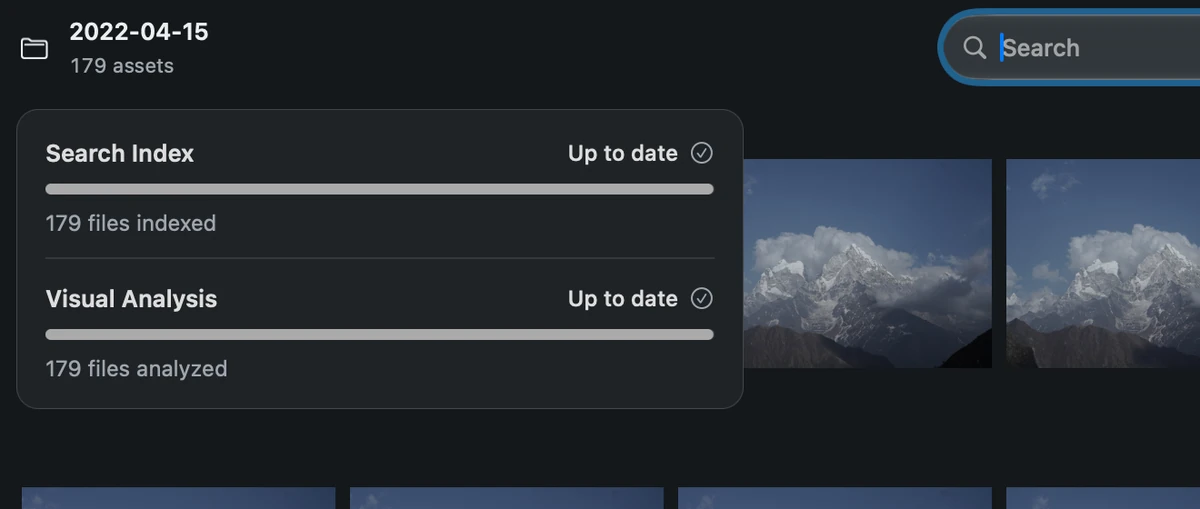 Search Index and Visual Analysis both show Up to date for the selected folder, above the mountain photo gallery