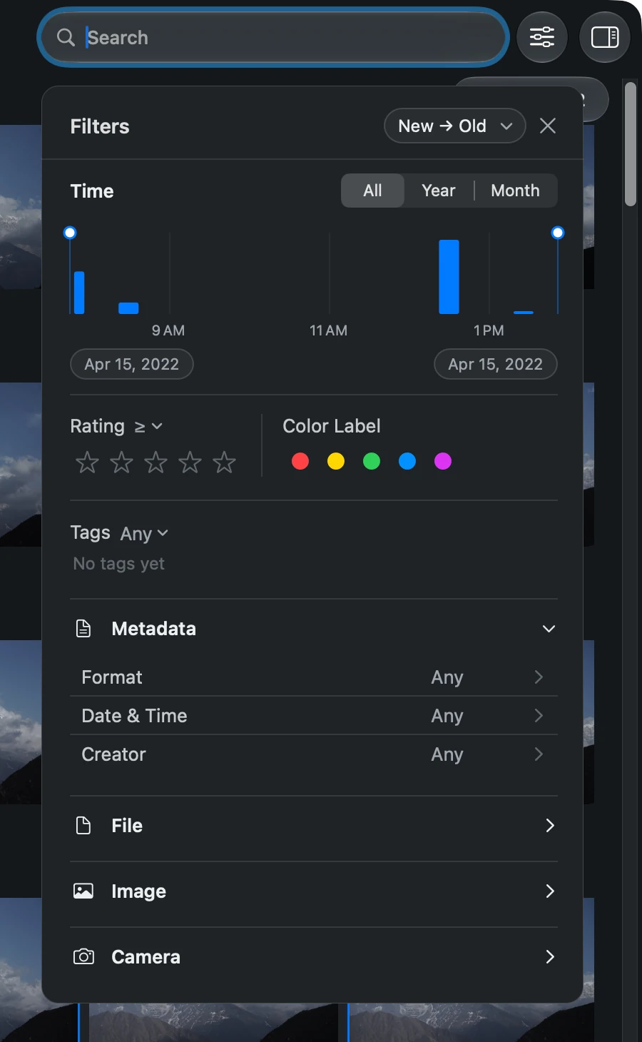 The Filters panel open over a mountain photo gallery, showing Time, Rating, Color Label, Tags, and metadata categories